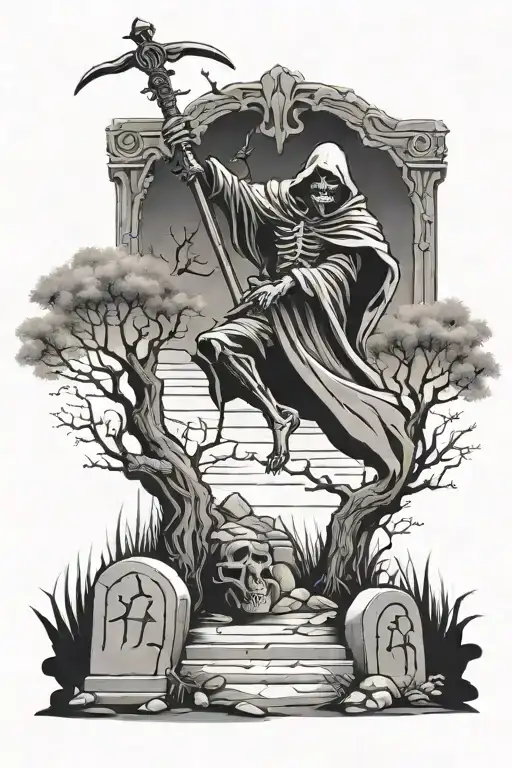 Grim Reaper Grave Yard Dead Tree Tomb Stones Balanced