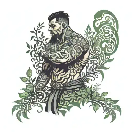 A Fighter With Intricate Tribal Tattoos Standing In A Lush Green Forest