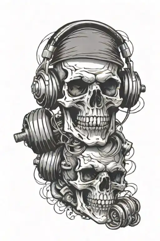 Dumbell Weight And Overthinking Skull Wearing Headphones
