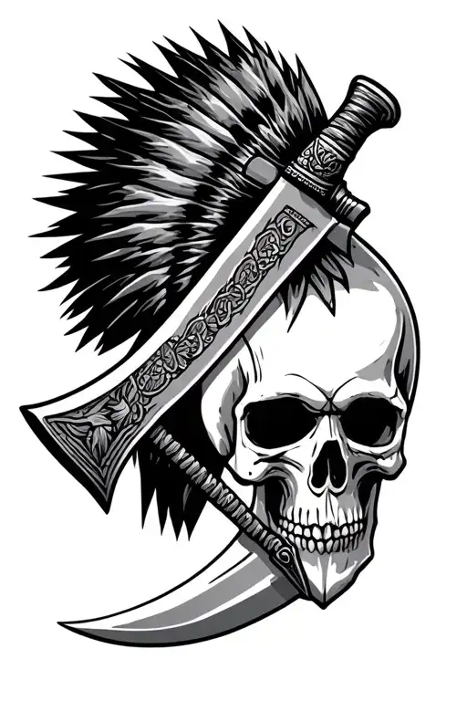 An Indian Tomahawk Crossed With A Large Bowie Knife Behind A Half Skull