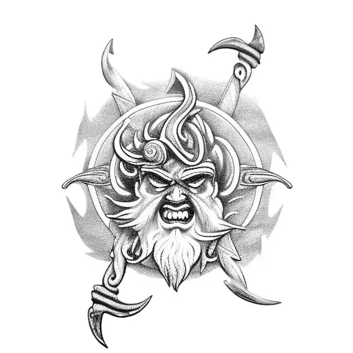 Arm Tattoo Of Angry Poseidon Holding A Trident With Sea Waves In The Background