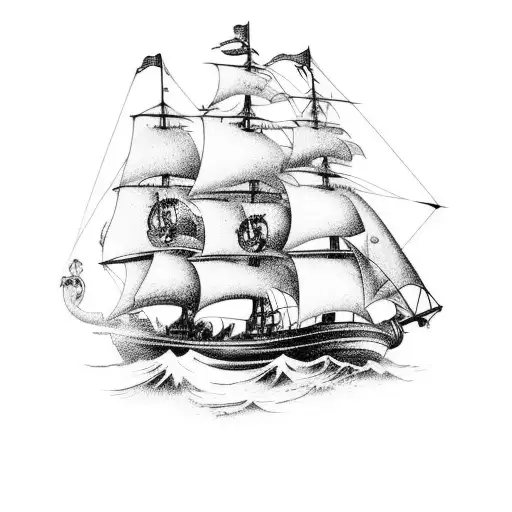 A Pirate Ship Sailing Through Stormy Waters