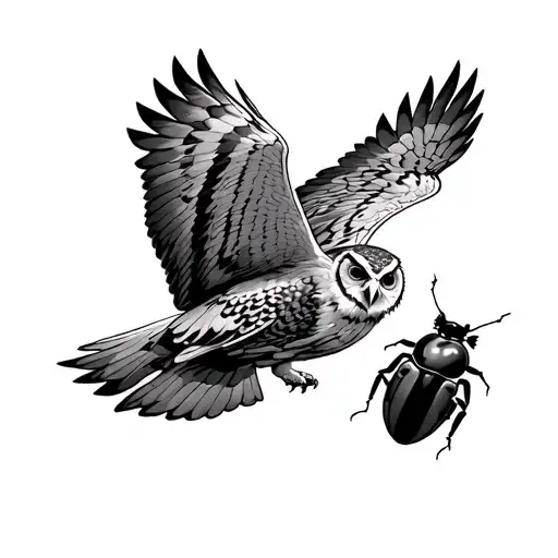 Sketched Owl Flying Aiming For A Scarab Beetle