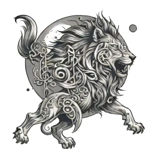 A Lion And Wolf Howling At A Moon Made Of Musical Notes