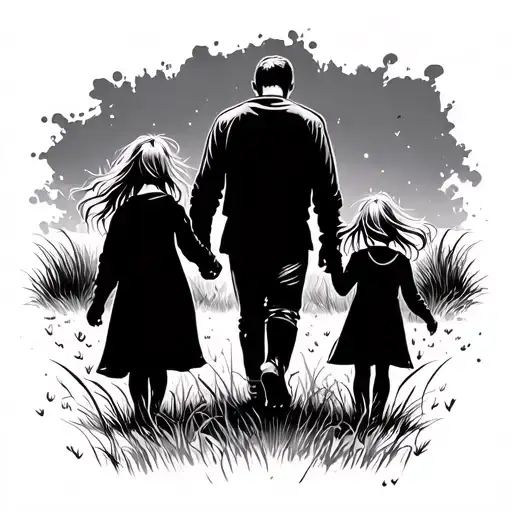 Father With 2 Daughters Walking Hand