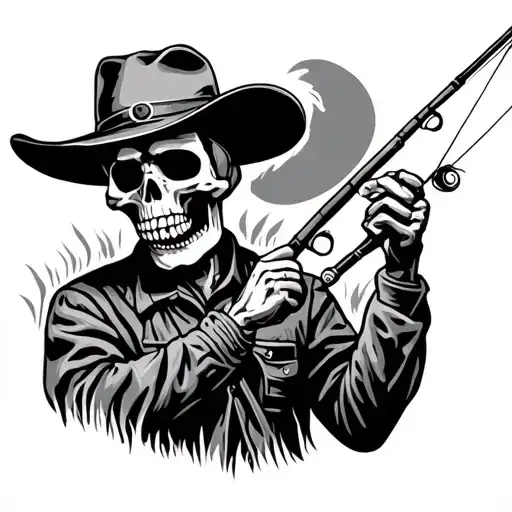 Skeleton Fly Fisherman With A Cowboy Hat Holding A Fly Fishing Rod