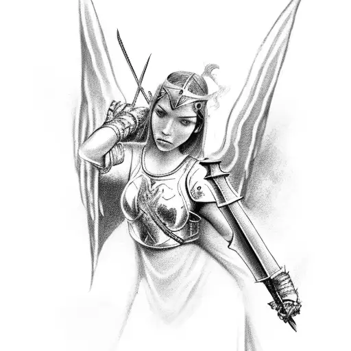 Female Knight Holding Sword To Sky With Angel Wings