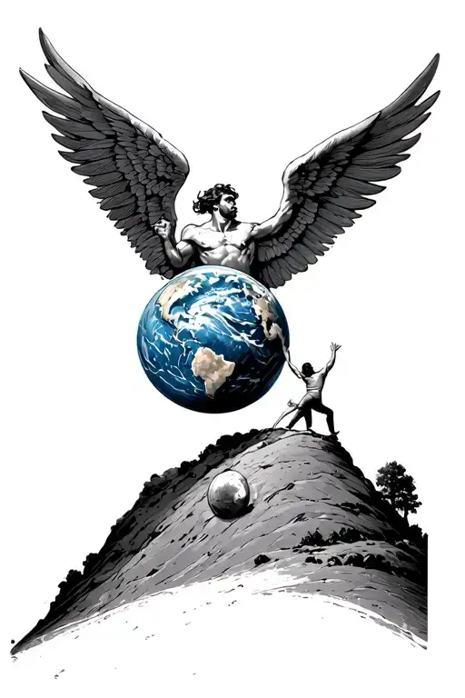 Atlas Having Wings Carrying The World While Sisyphus Is Below Him Trying To Push It Up A Hill