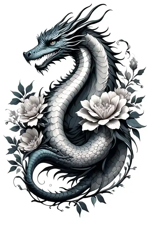 Feminine Dragon Intertwined In Flowers Growing