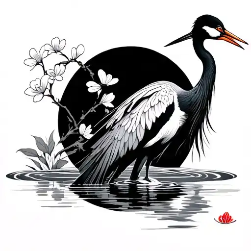 Japanese Style Crane With Water And Flowers