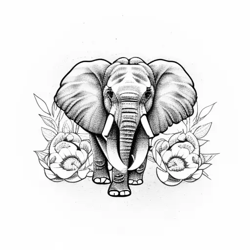 Elephant With A Compass And Peonies Flowers