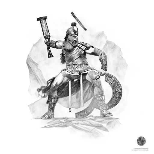 A Broken Doric Style With A Greek Warrior By The Side