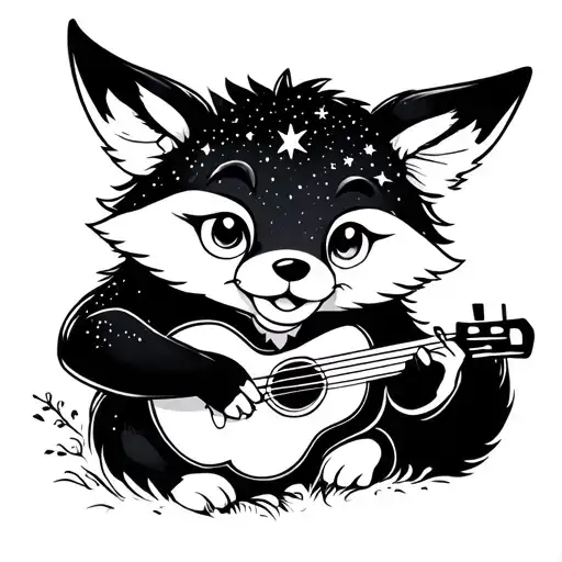 A Tattoo Design Of A Fox Playing A Musical Instrument Under A Starry Night Sky
