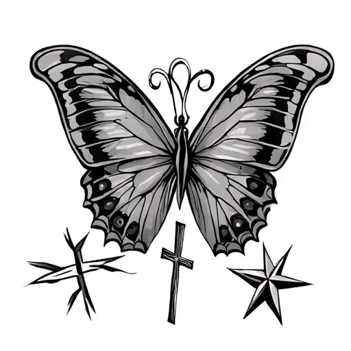 Butterfly And Christian Cross And Star