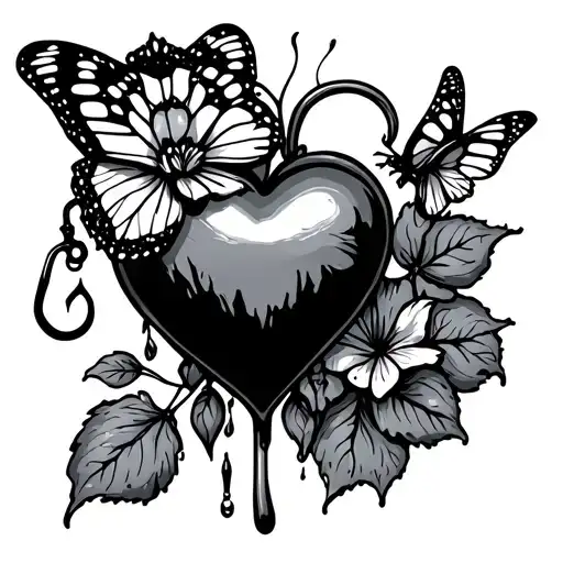 Bleeding Heart Flower With Butterfly And Fishing Hook