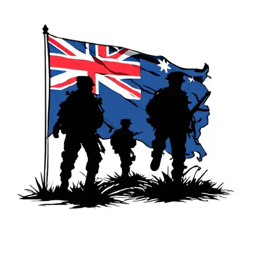 Australian Flag In Colour With Black And White Soldiers Shadows