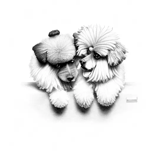 A Black And Grey Portrait Of A Poodle And Pomeranian Listening To Music