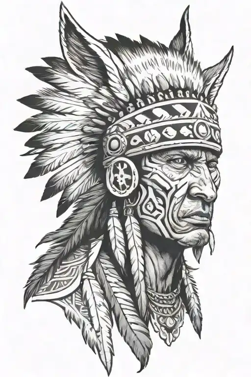 Native American Warrior Wearing A Wolf Skin Cap Tatoo