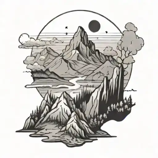 A Black-grey Tattoo Of A Mountain Landscape With A Hidden Anime Character Hiking In The Background
