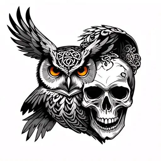 Old Scholl Owl And Skull With Celtic Figure