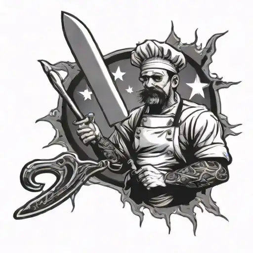 Chef With Kitchen Knife Cleaver Knife Whisk And 3 Stars And A Sun