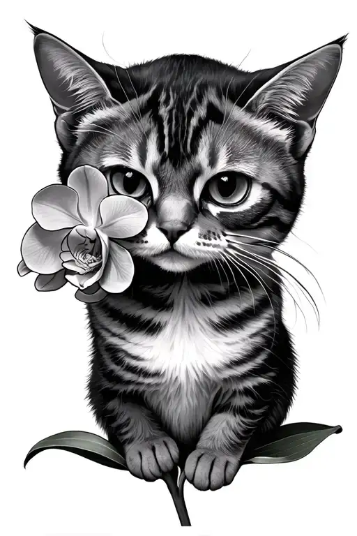 Cat Holding An Orchid