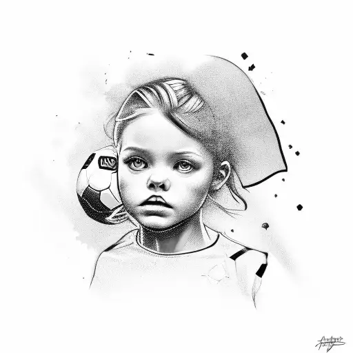 A Detailed Black-grey Portrait Of Your Daughter Holding A Soccer Ball
