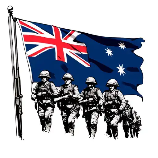 Australian Flag In Colour With Black And White Soldiers