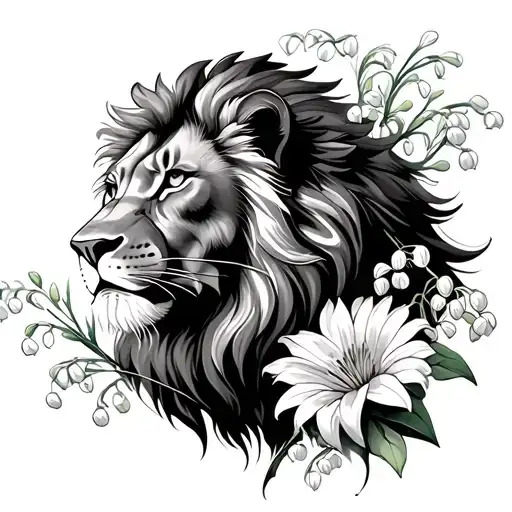 Lion With Lily Of The Valley And Aster Flowers