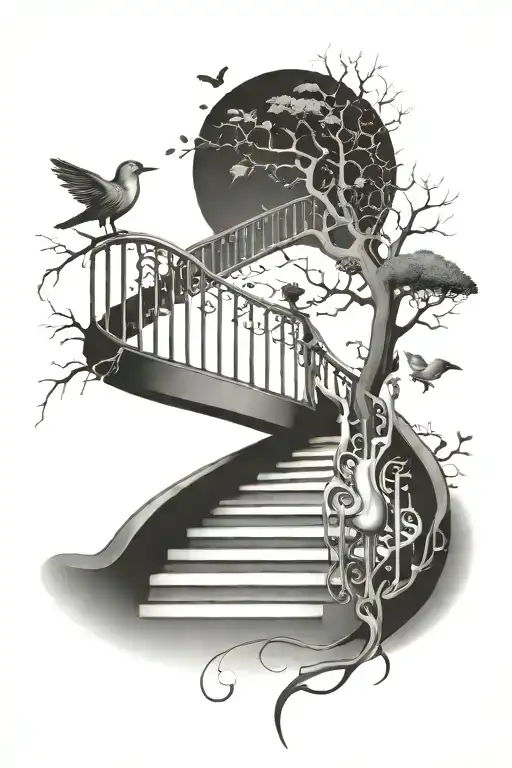Staircase With Fork And Tree And Lady And Mouth And Bird And Flute