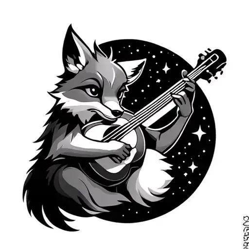 A Tattoo Design Of A Fox Playing A Musical Instrument Under A Starry Night Sky