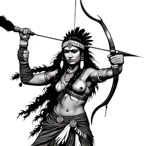 Female Indian Warrior Wielding A Bow And Arrow