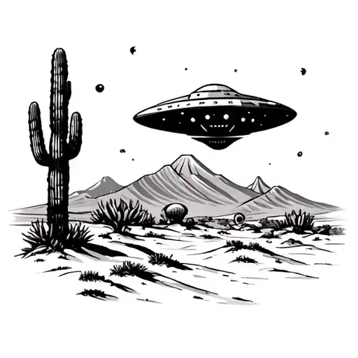 Desert With A Cactus California Type Desert Above Alien Spaceship In The Sky With A Mariachi Hat