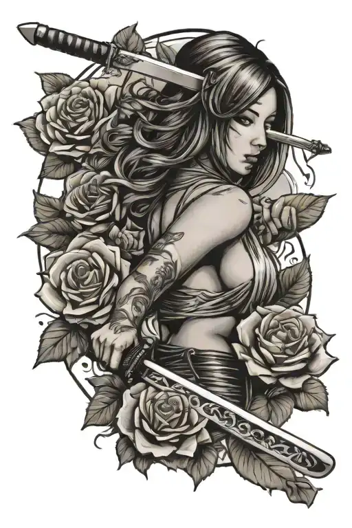 Strong Woman And Katana And Roses