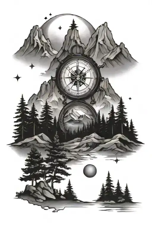 Mountain Scene And Compass And Moon And Forrest And Stars