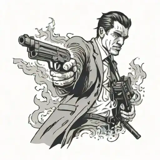 A Burning Residence A Man In A Black Suit Holding A Black Bag And A Gun