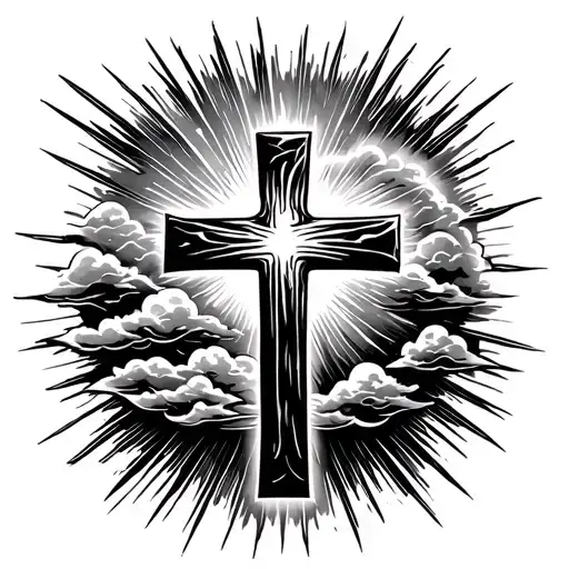 Cross In Clouds Floating With Sun Rays
