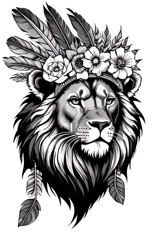 Lion Wearing Indian Feather Headpiece With Flowers