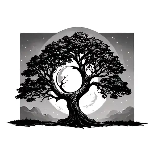 Oak Tree With Moon Merging Together