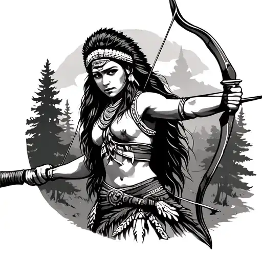 Female Indian Warrior Wielding A Bow And Arrow In The Forest