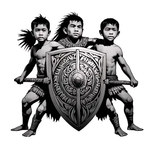 Filipino Warrior Protecting Two Boys With Tribal Shield