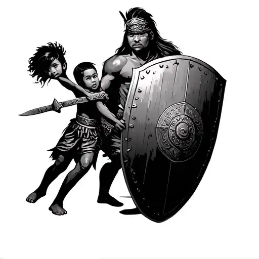 Filipino Warrior Protecting Two Kids With Shield