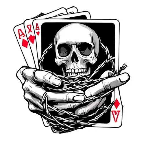 Skeleton Hand Holding Playing Cards Wrapped In Barbwire