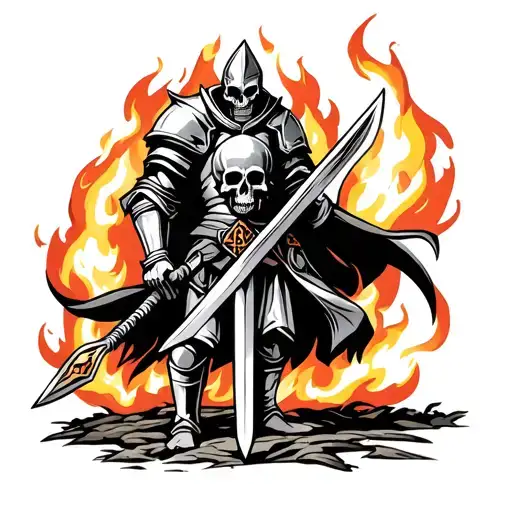 A Knight With Skull Sword On Fire
