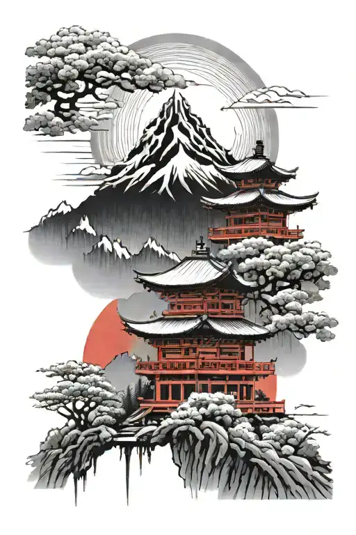 Japan Mountains And Temple With Red Sun Rising