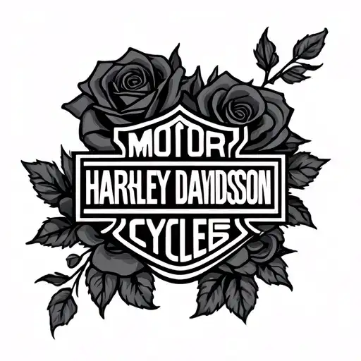 A Black And Grey Harley Davidson Logo With Softly Shaded Black And Grey Roses Around It