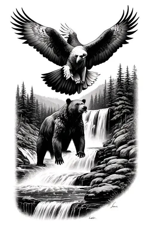 Bear And Eagle Soaring At Waterfall Surrounded By Lush
