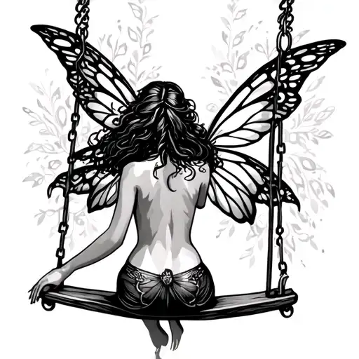Fairy From The Back With Wings On A Swing