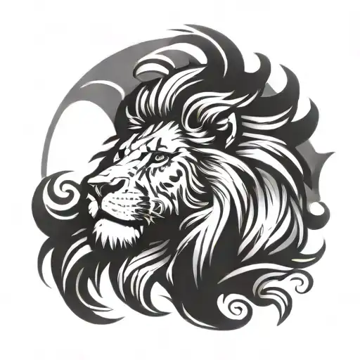 Lion Head With Flowing Mane In Front Of A Sun Shining