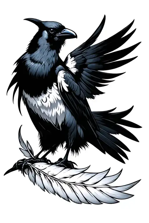 Japanese Style Crow With White Feathers Underneath